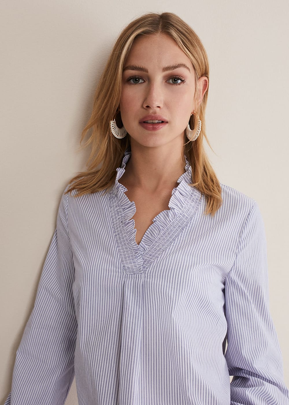 Striped ruffle shirt discount