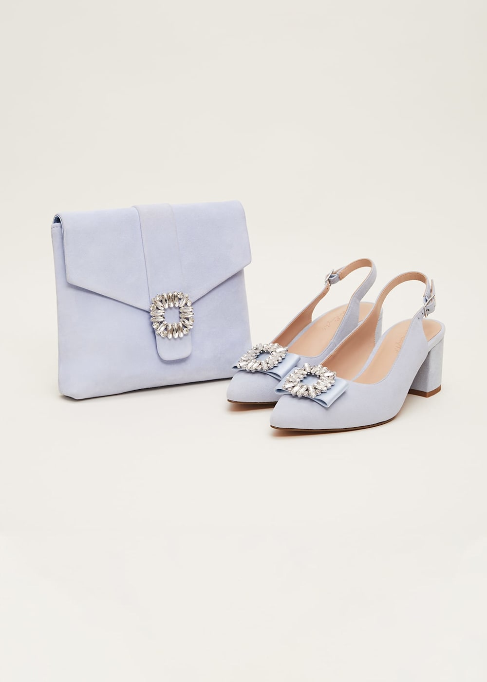 Pale blue shoes and clutch bag hotsell