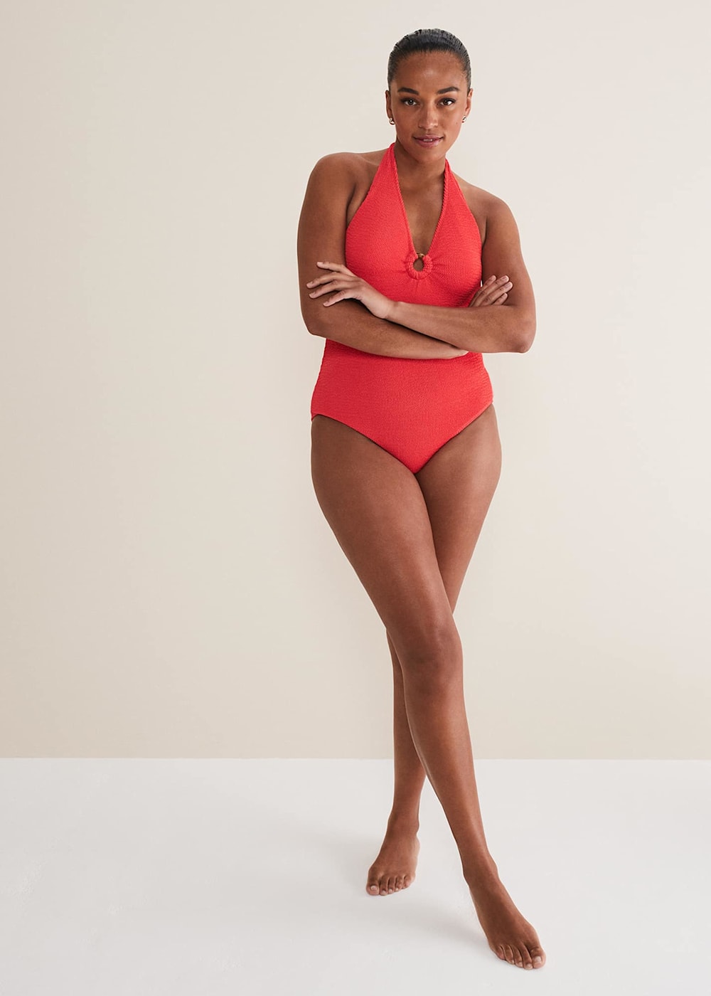 Red halter one piece swimsuit sales