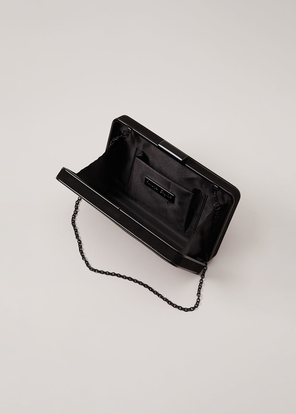 Black clutch bag with silver chain cheap