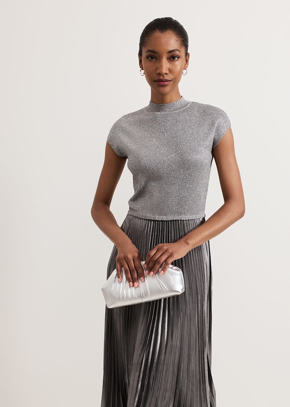 Silver Leather Pouch Clutch Bag Phase Eight UK