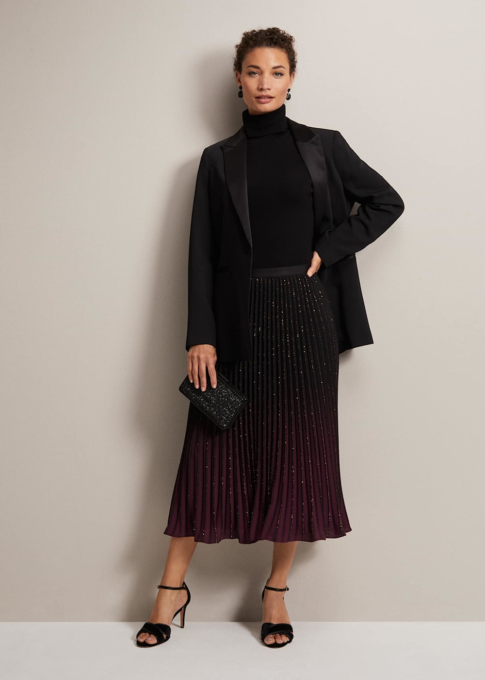 Phase Eight Estella Ombre Pleated Midi Skirt Black Multi Size 4