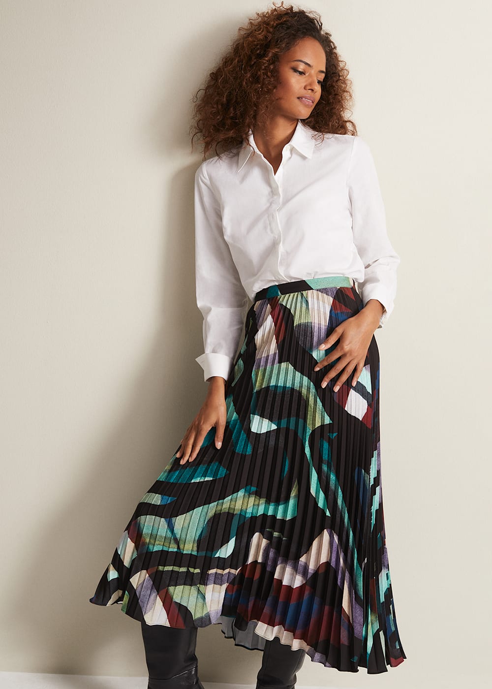 Black Multicoloured Abstract Pleated Midi Skirt Phase Eight Phase Eight UK