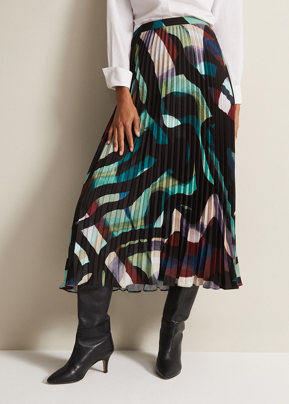 Black Multicoloured Abstract Pleated Midi Skirt Phase Eight Phase Eight UK