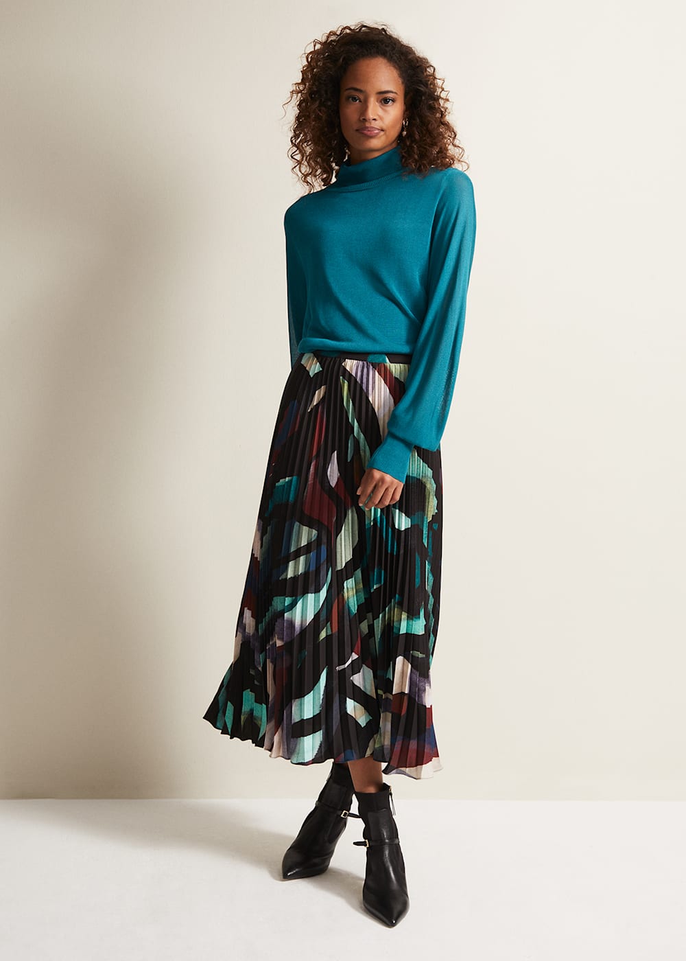 Black Multicoloured Abstract Pleated Midi Skirt Phase Eight Phase Eight UK