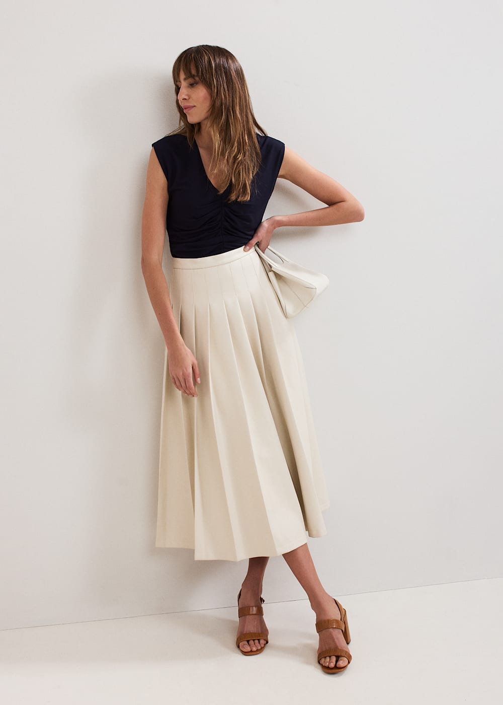 Susie Cream Pu Pleated Midi Skirt Phase Eight UK