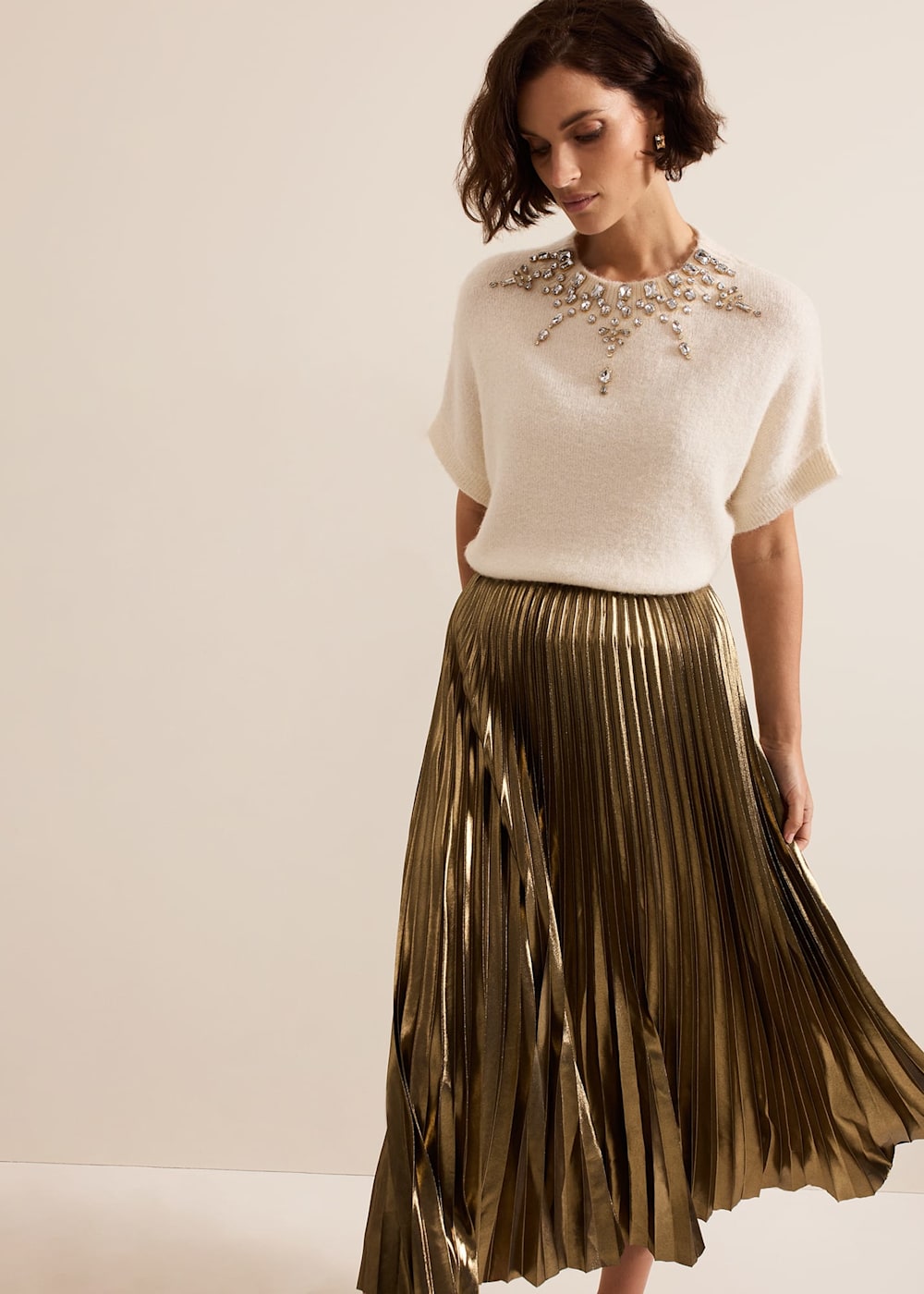 Warehouse gold foil pleated skirt top