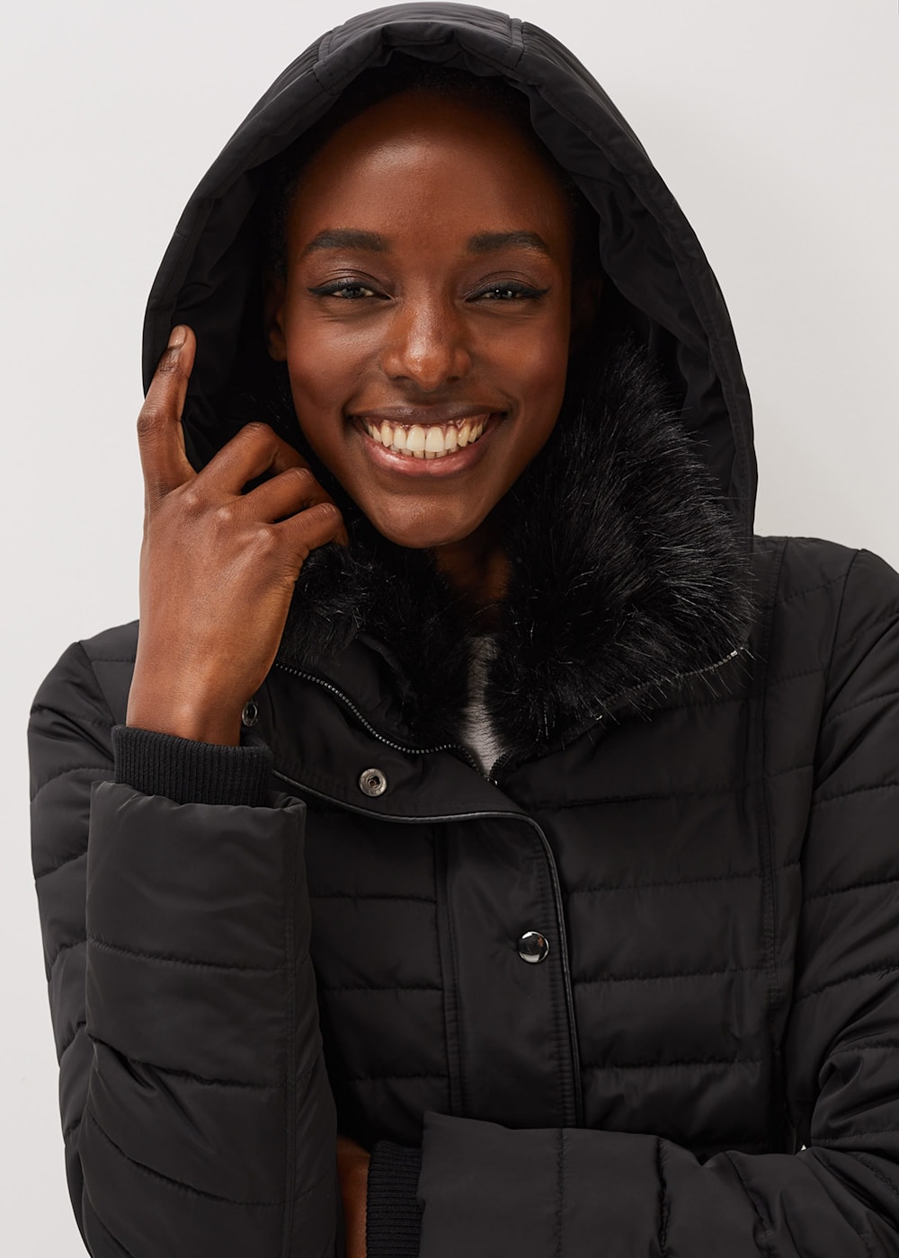 Short black puffer jacket with fur hood store