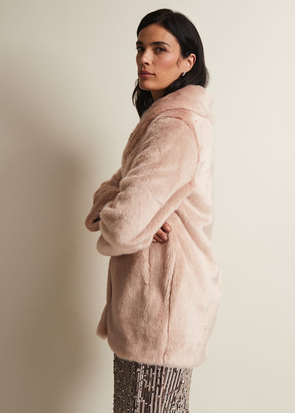 Pink long faux fur coat online