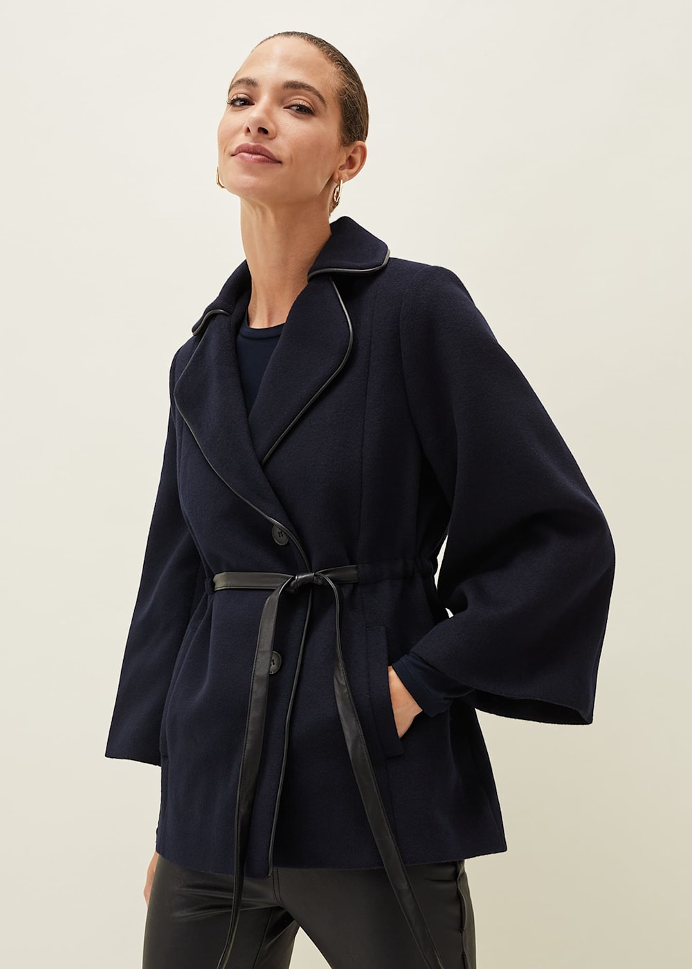 Leather trim wool coat top