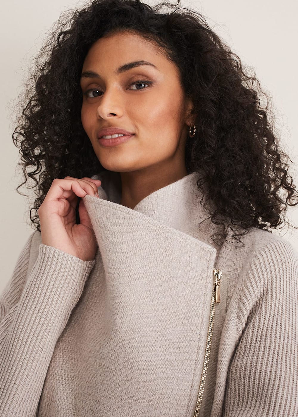 Knitted Wrap Coat in Light Grey with Side Zip & Pockets