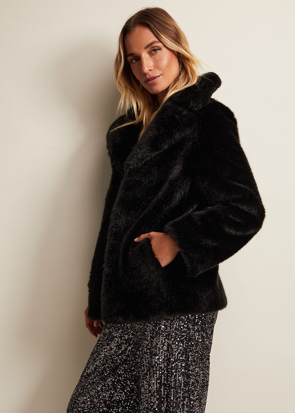 Megan Black Faux Fur Coat Phase Eight UK