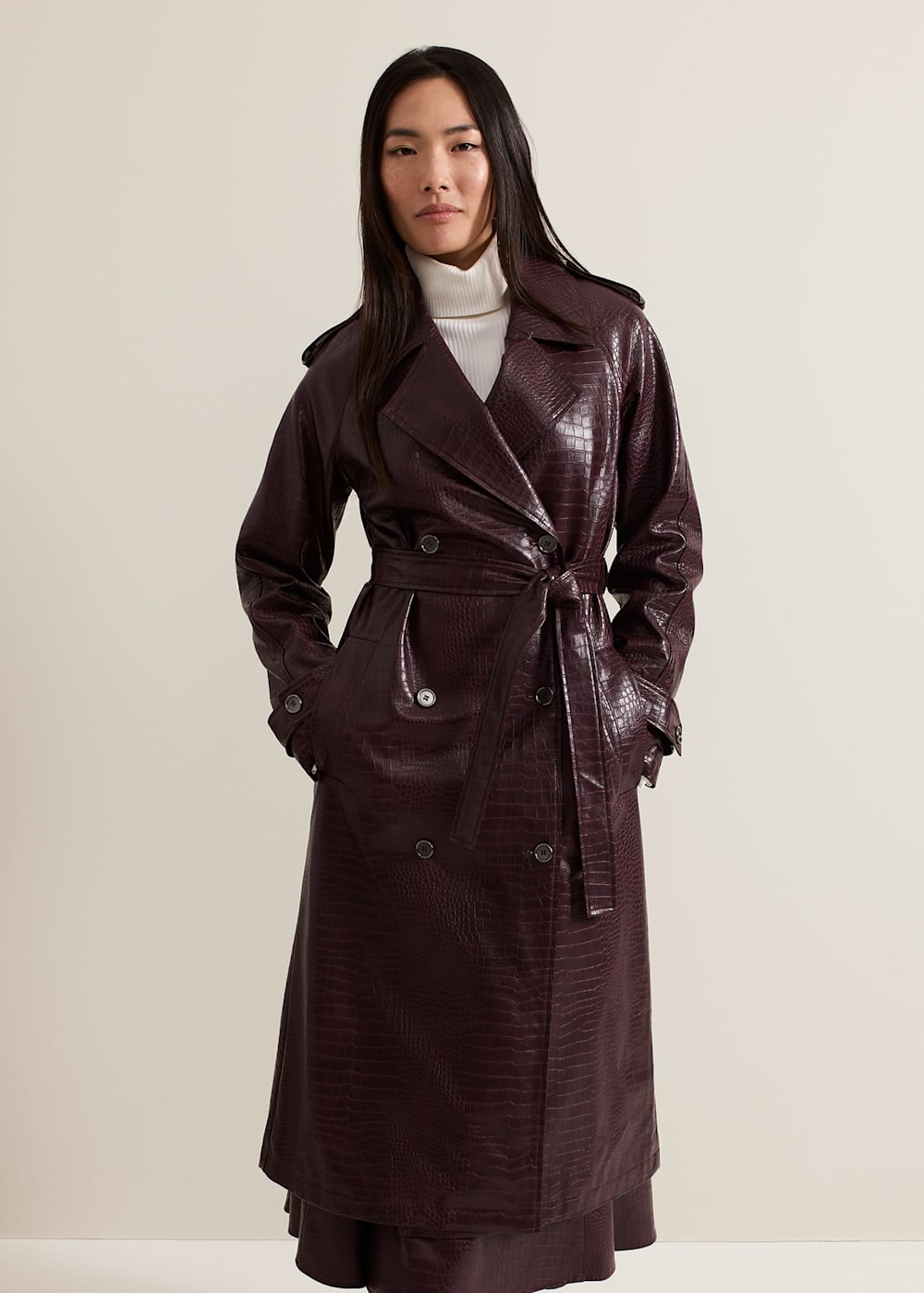 Phase Eight Carla Croc PU Trench Coat Burgundy Size 14