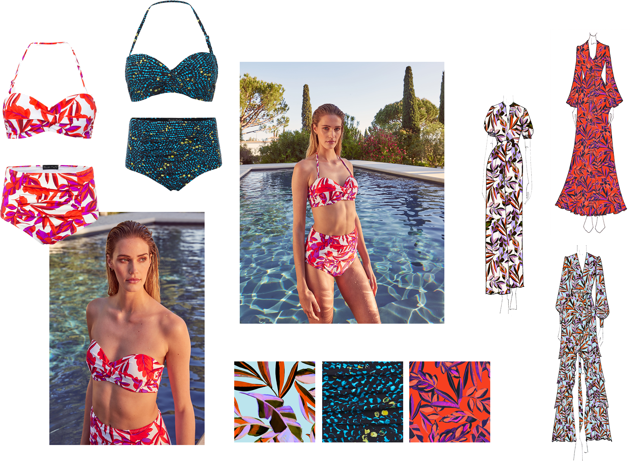 Moodboard of swimwear imagery, products and prints
