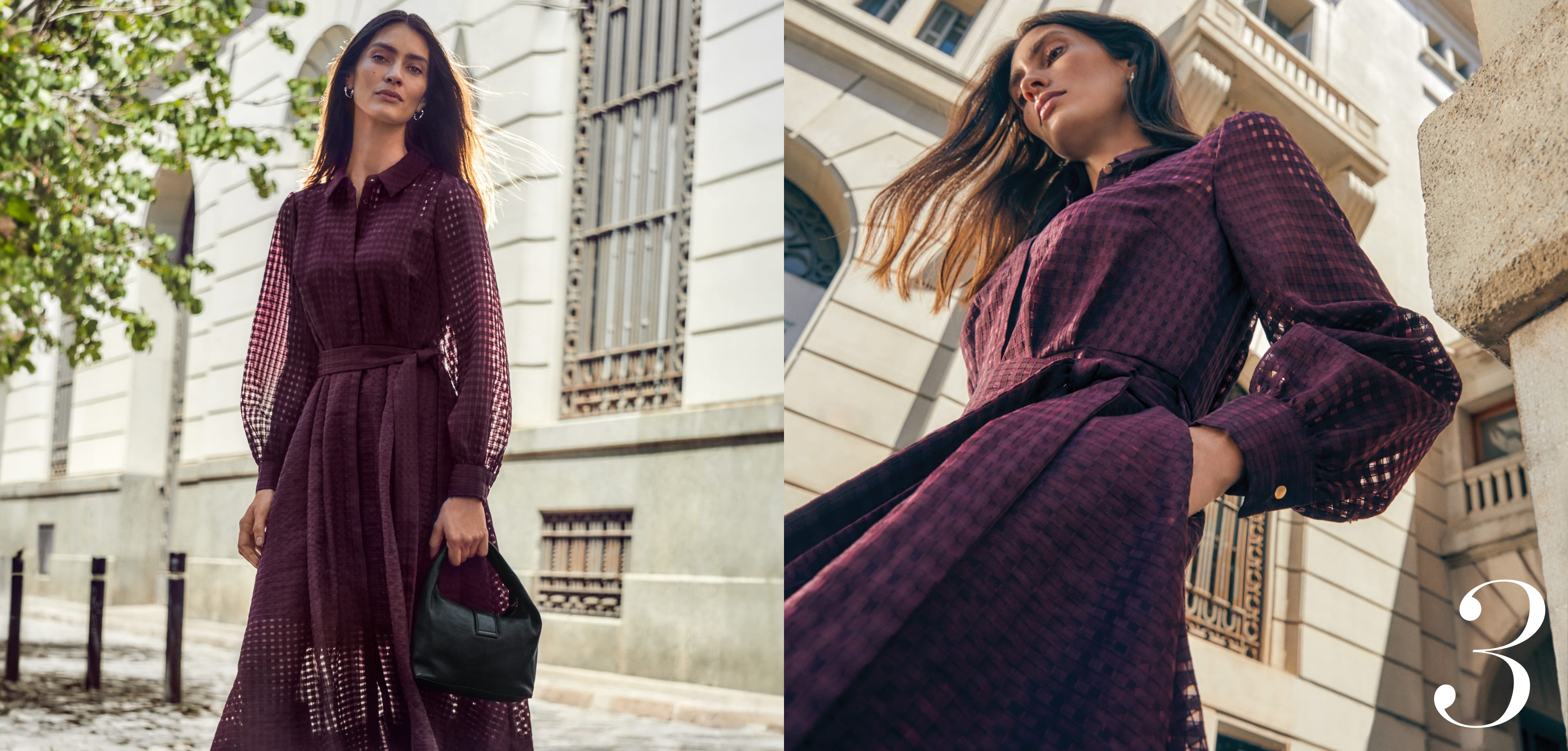 Woman wearing Phase Eight burgundy dress with black leather handbag and boots