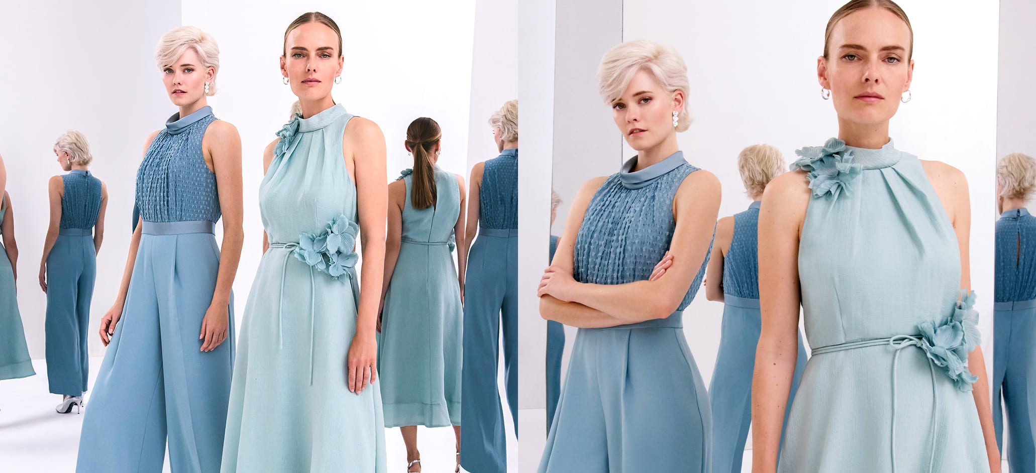 Women wearing Phase Eight blue dress and jumpsuit