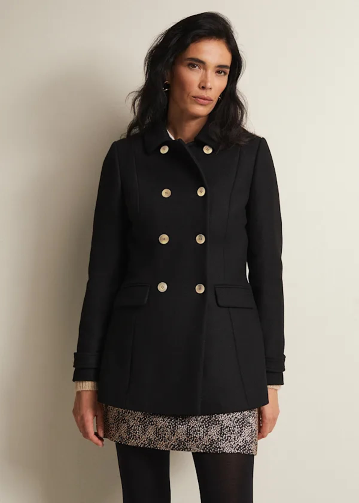 Woman wearing Aurelle Black Wool Smart Coat