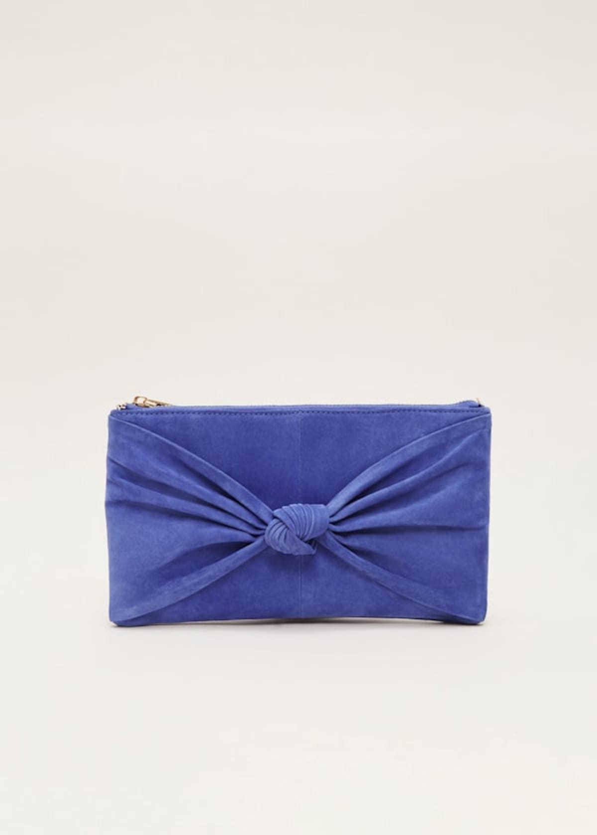 blue suede clutch bag