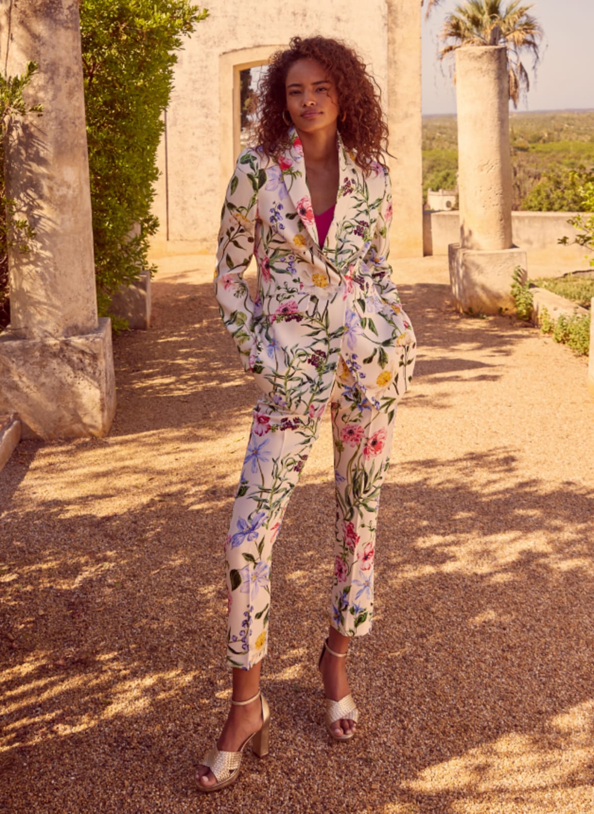 Woman wearing floral suit