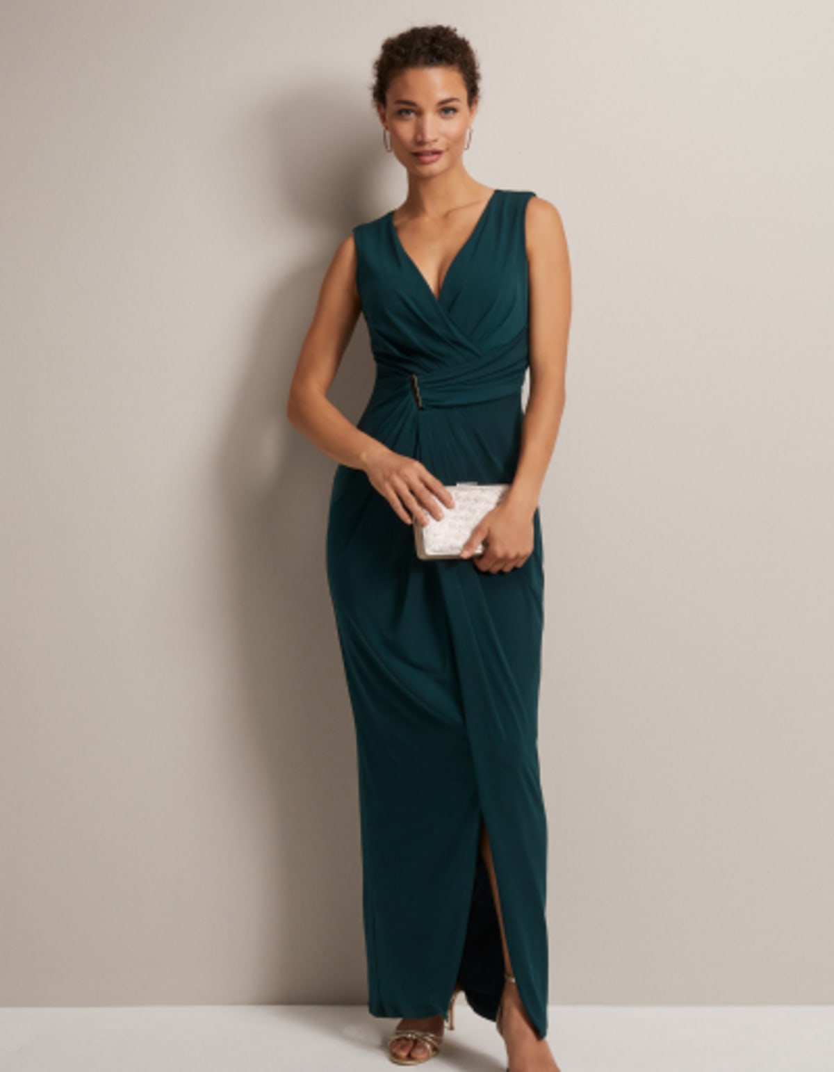 Woman wearing Phase Eight Christabel Dark Green Maxi Dress