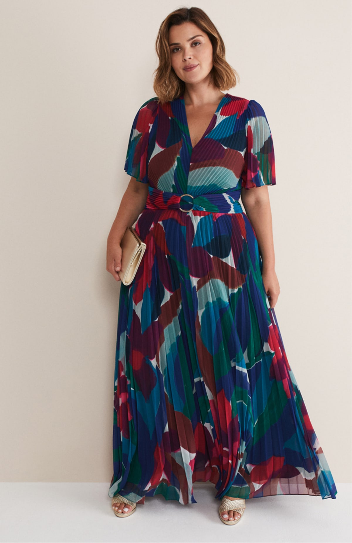 Woman wearing Phase Eight Priscilla Abstract Floral Pleated Maxi Dress