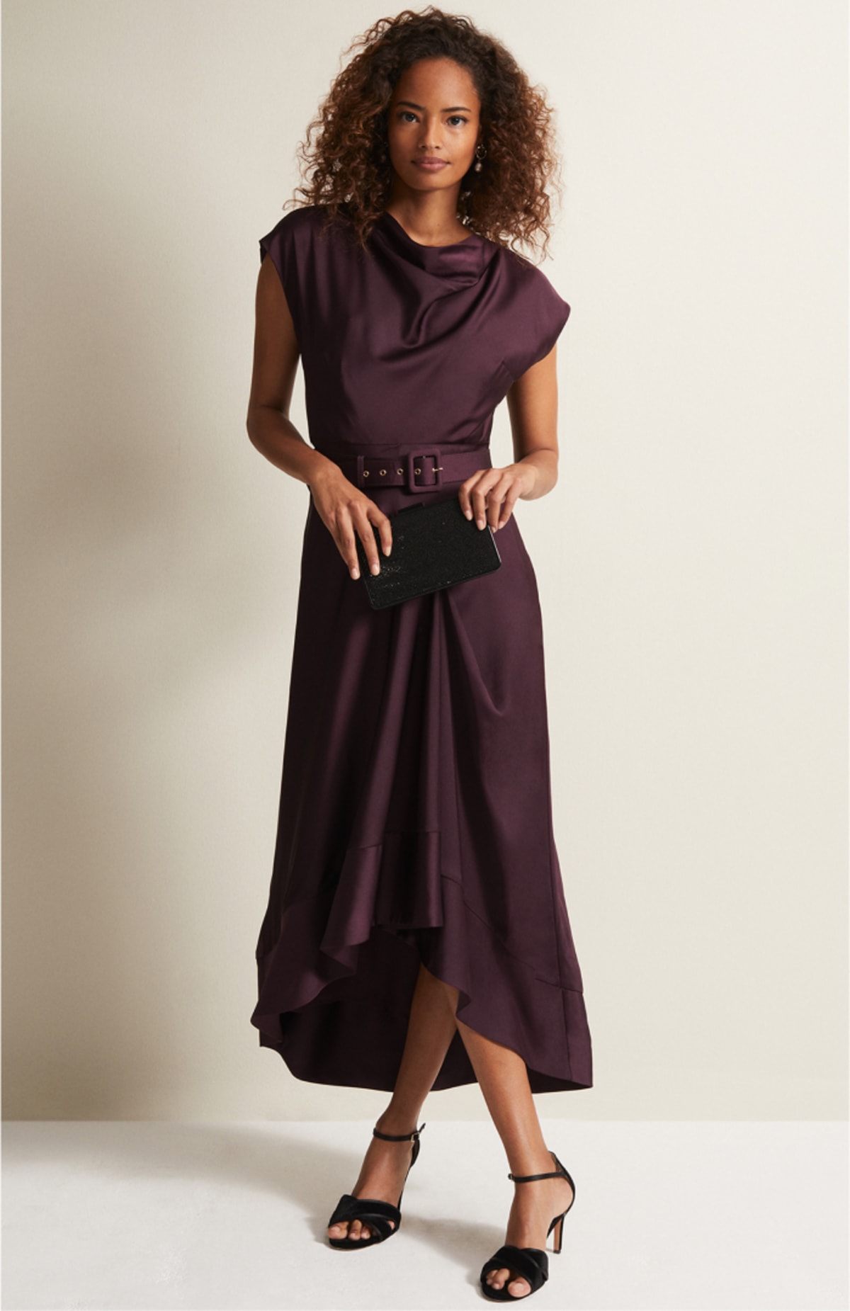 Woman wearing Phase Eight Sabrianna Burgandy Satin Midi Dress