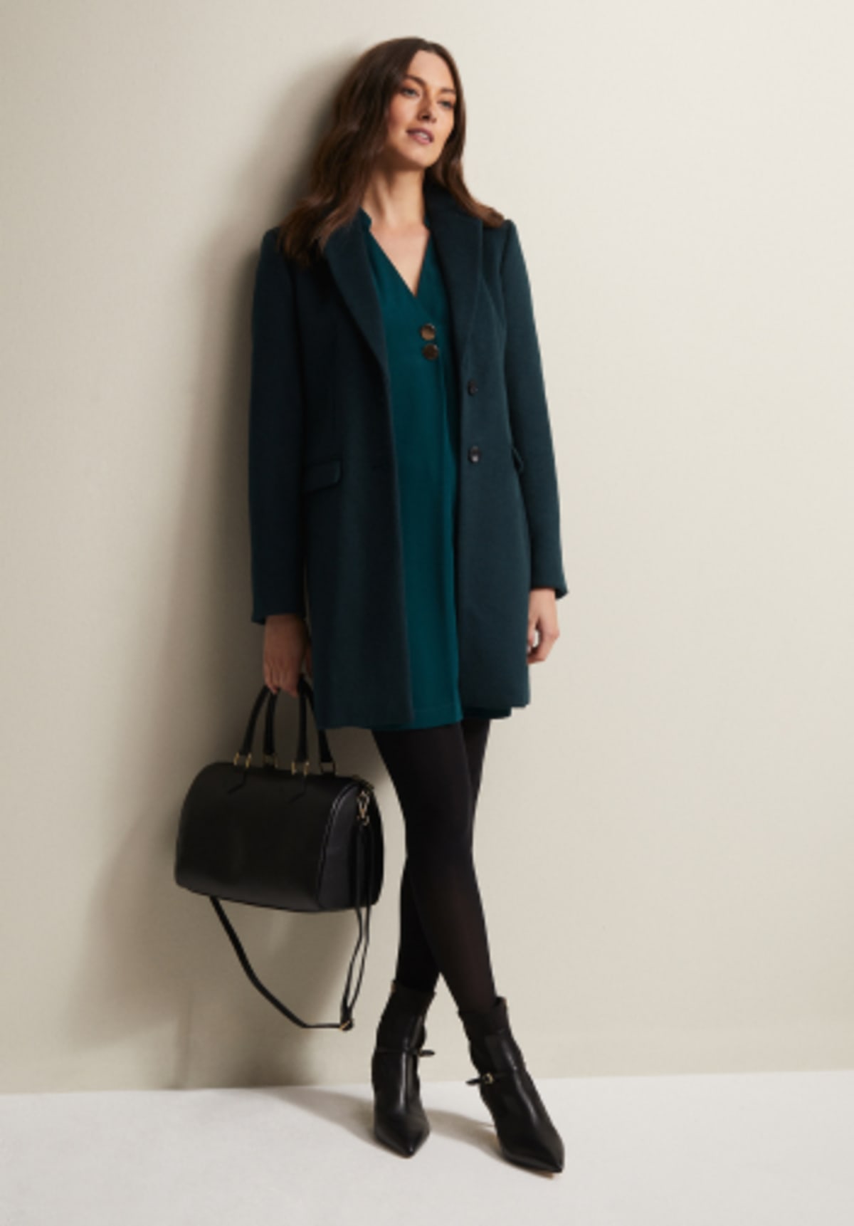 Woman wearing Phase Eight Lydia Forest Green Wool Smart Coat