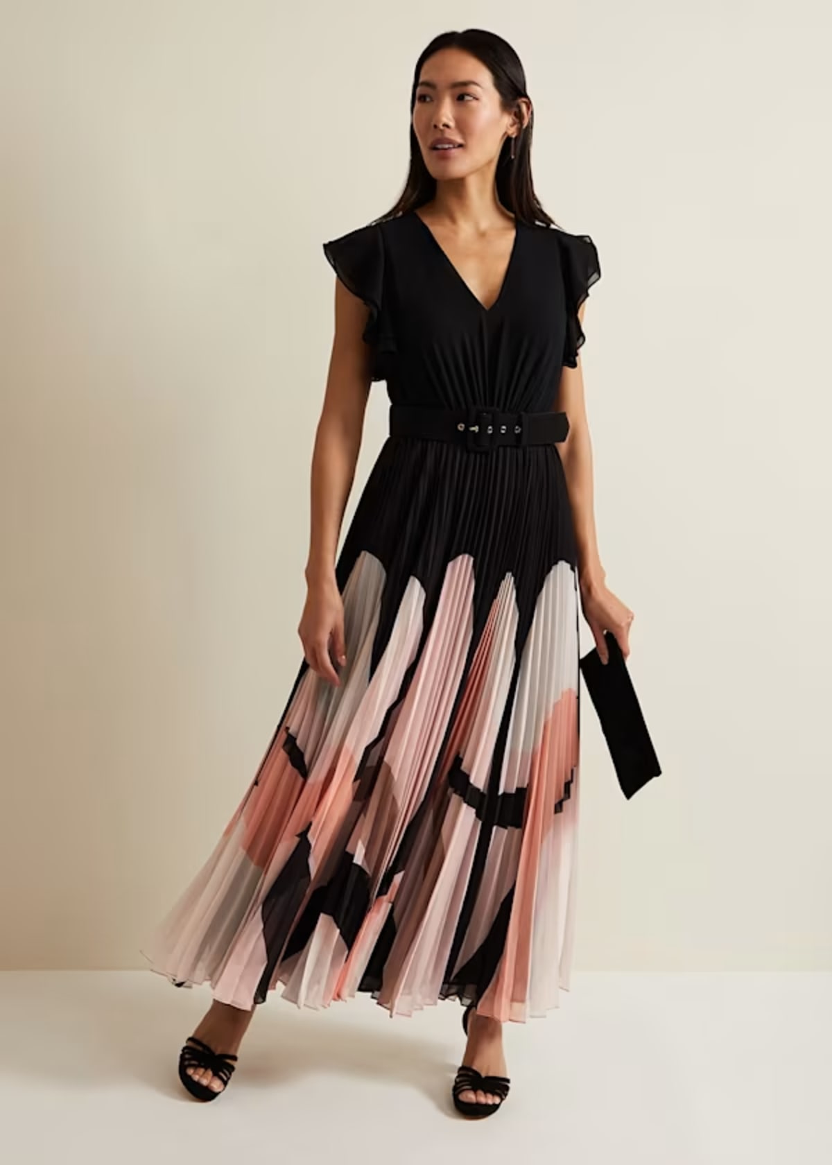 Woman wearing Phase Eight Isla Printed Skirt Ruffle Top Maxi Dress