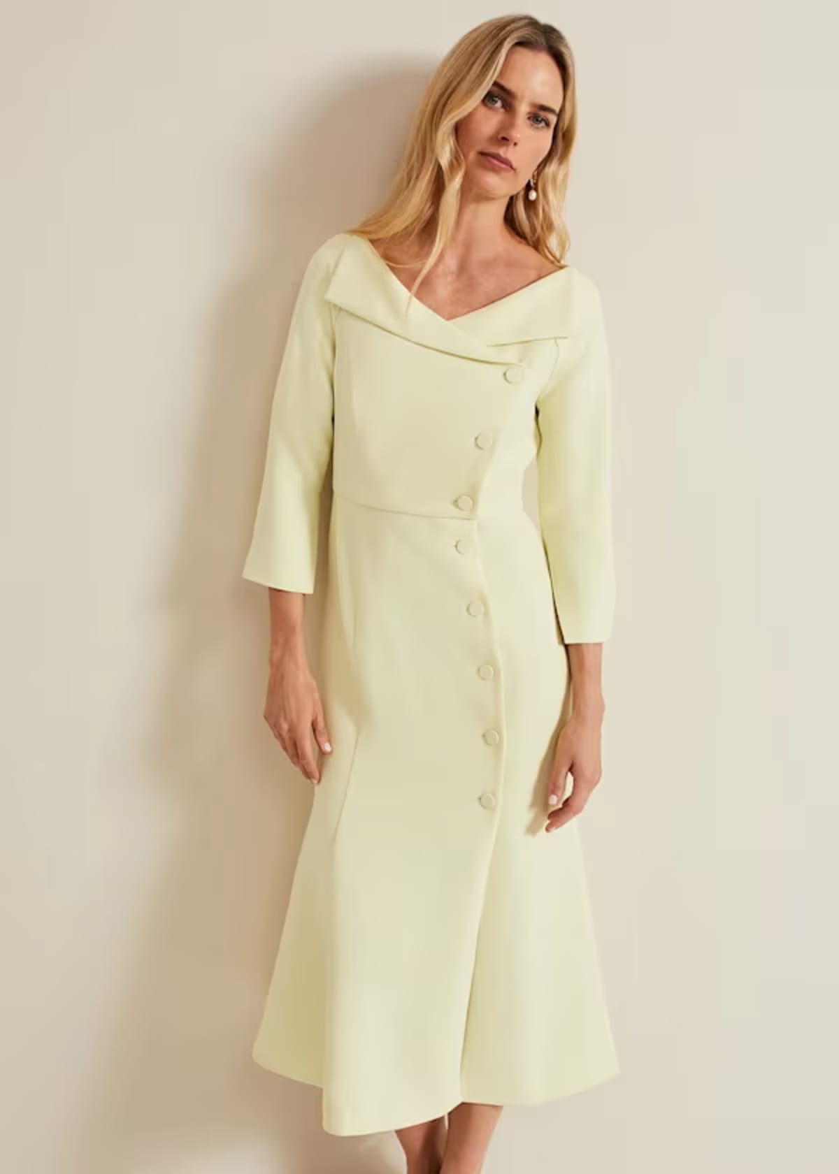 Woman wearing Phase Eight Sienna Tux Button Midi Dress