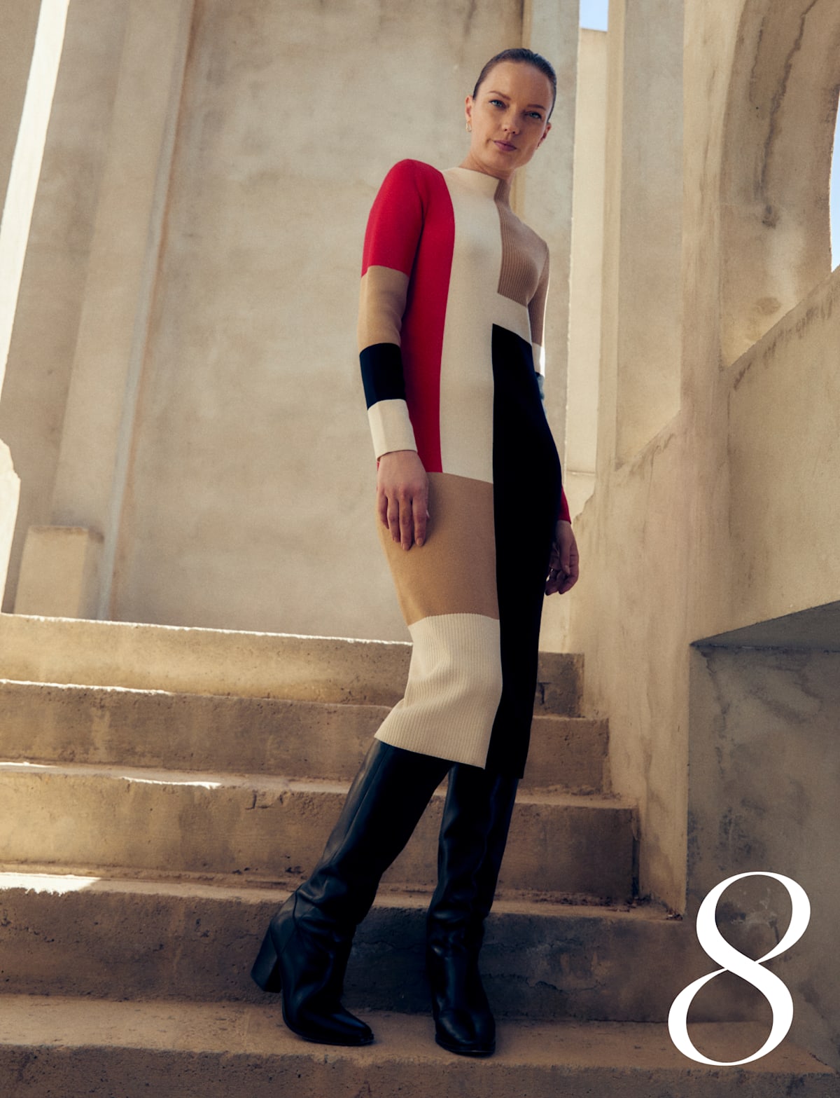 Woman wearing Phase Eight colourblock dress