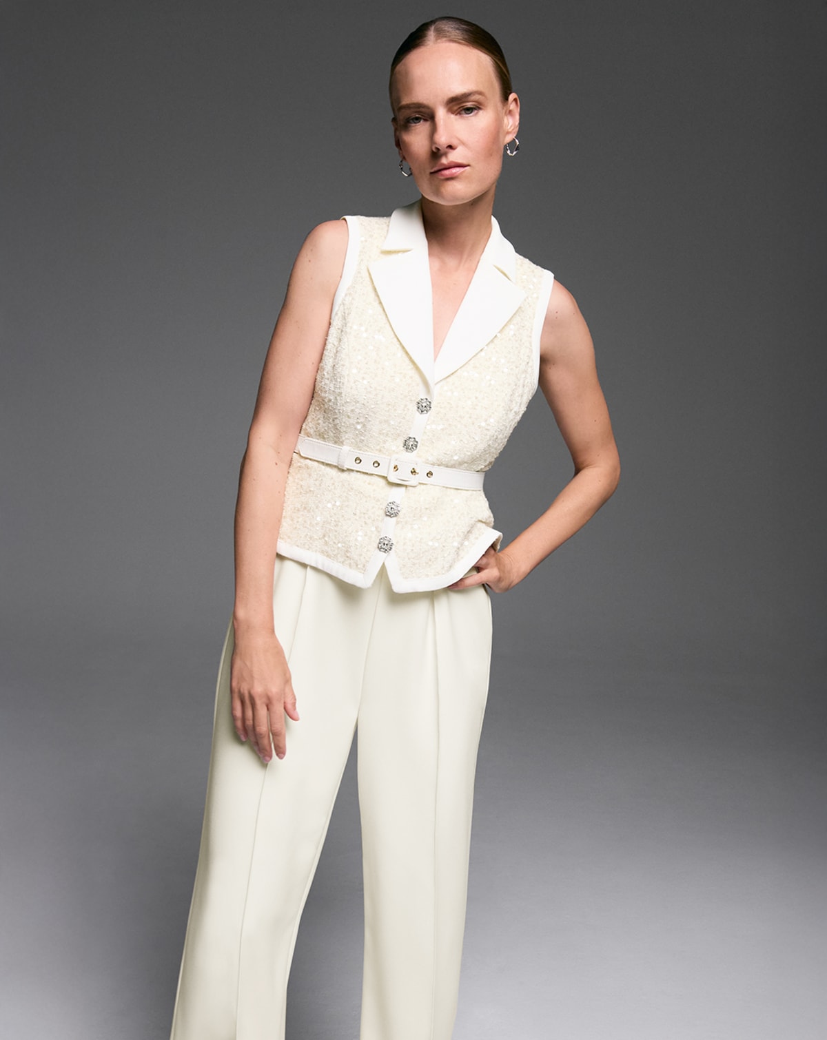 Woman wearing Phase Eight limited edition jumpsuit