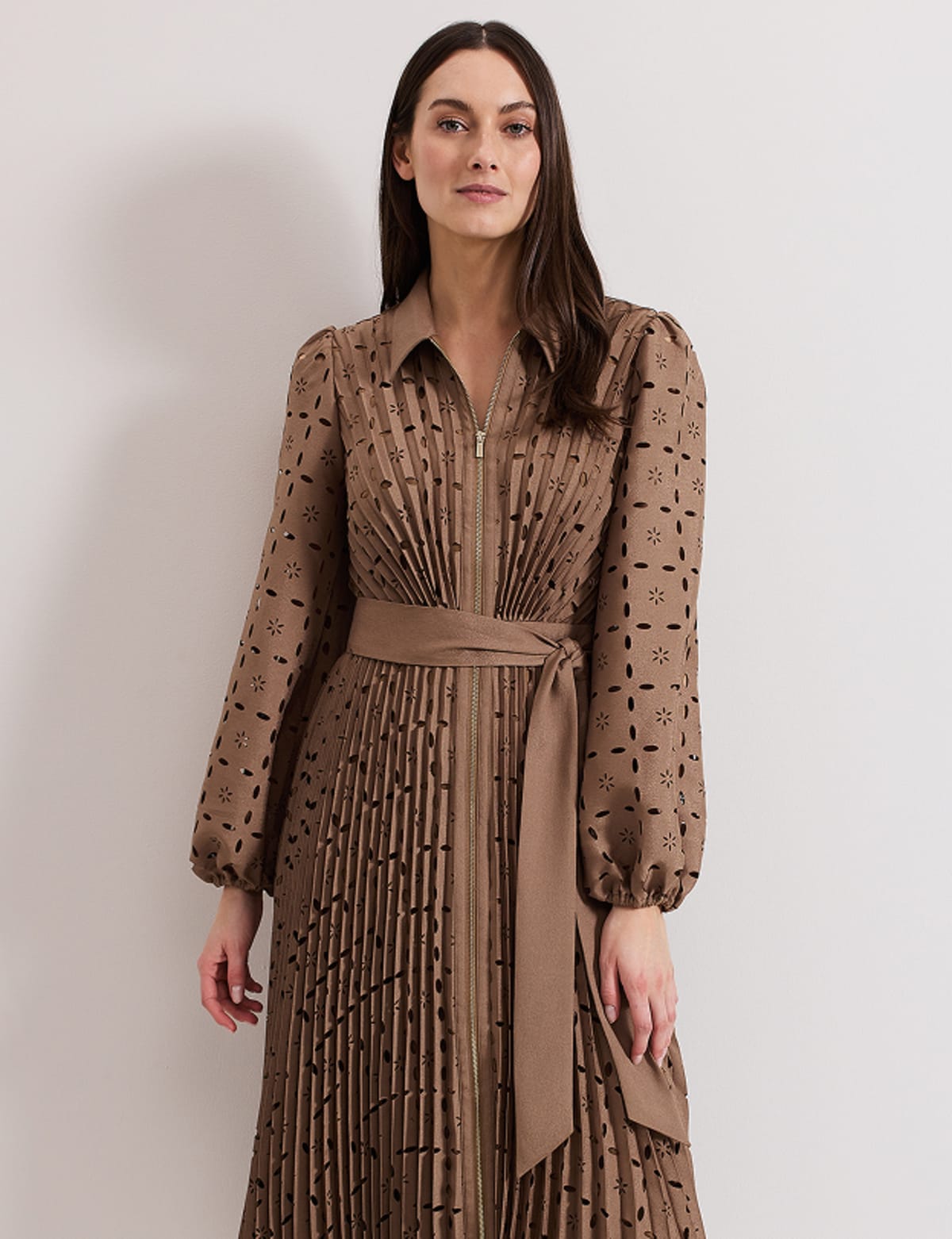 Woman wearing Phase Eight cutwork dress