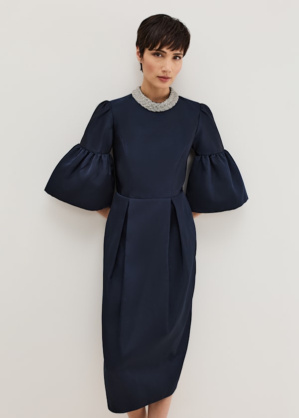 Audrey Jewelled Neck Navy Midi Dress