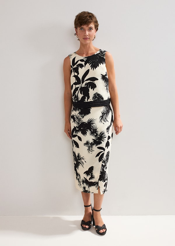 Vittoria Linen Blend Leaf Print Skirt
