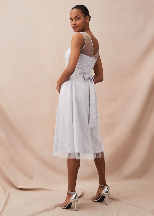 Evadine Pearl Embellished Tulle Dress