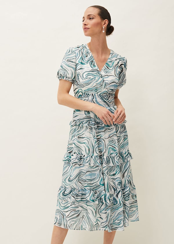 Iona Swirls Print Tiered Short Sleeved Midi Dress