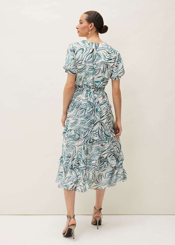 Iona Swirls Print Tiered Short Sleeved Midi Dress