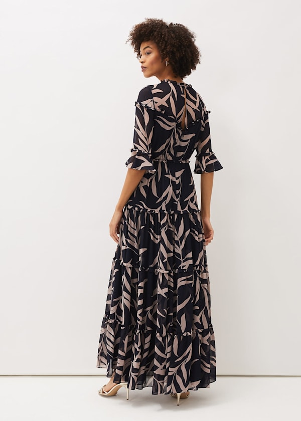 Amber Leaf Print Tiered Maxi Dress