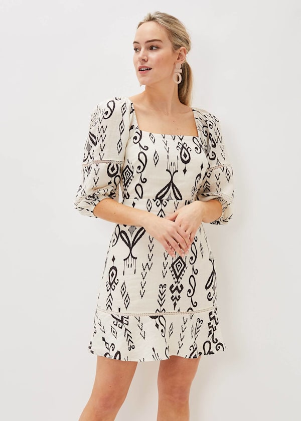 Linen Ikat Print A-Line Dress