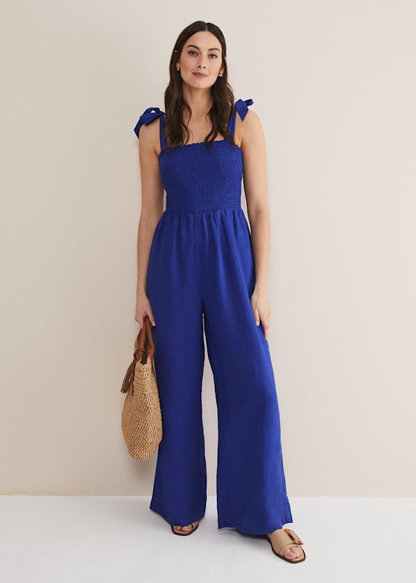 Ona Linen Shirred Wide Leg Jumpsuit