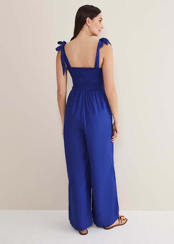 Ona Linen Shirred Wide Leg Jumpsuit