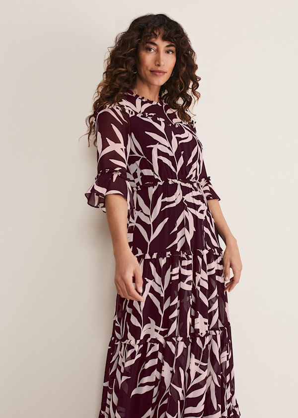 Amber Leaf Print Tiered Dress