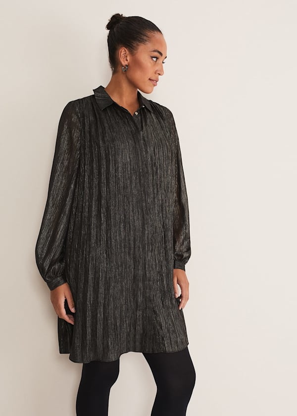 Tanya Foil Pleated Shirt Dress