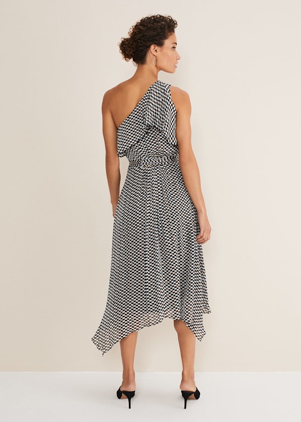 Kaz Checked One Shoulder Midi Dress