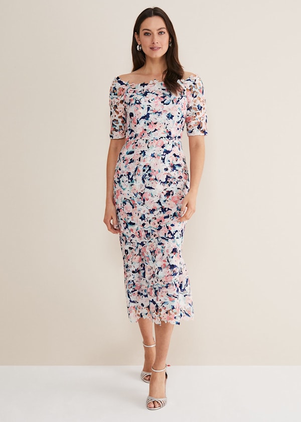 Elara Floral Bardot Bodycon Midi Dress