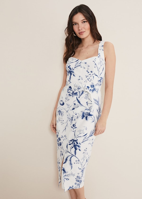 Kaya Linen Floral Bodycon Midi Dress