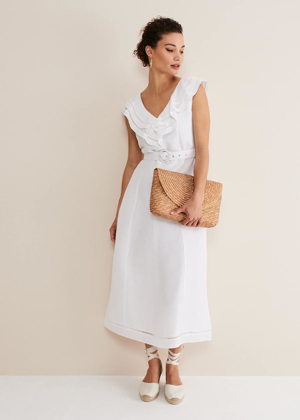 Julieta White Linen Ruffle Broderie Midi Dress