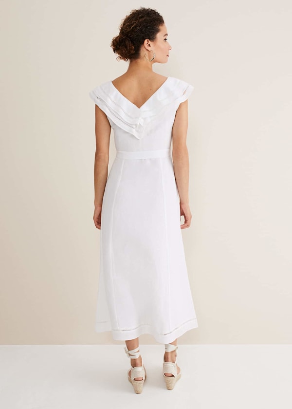 Julieta White Linen Ruffle Broderie Midi Dress
