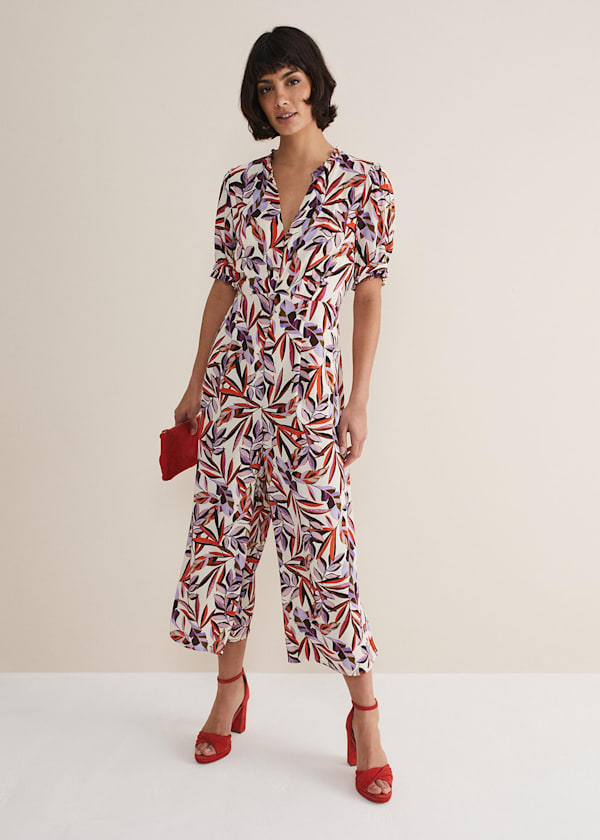 Floral Leaf Print Jersey Jumpsuit | SilkFred US