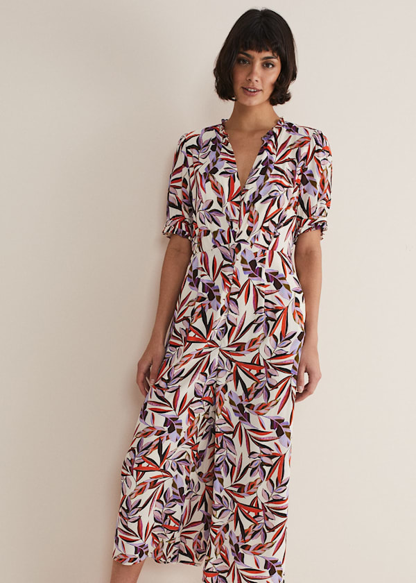 Astrid Leaf Print Cropped Wide Leg Jumpsuit